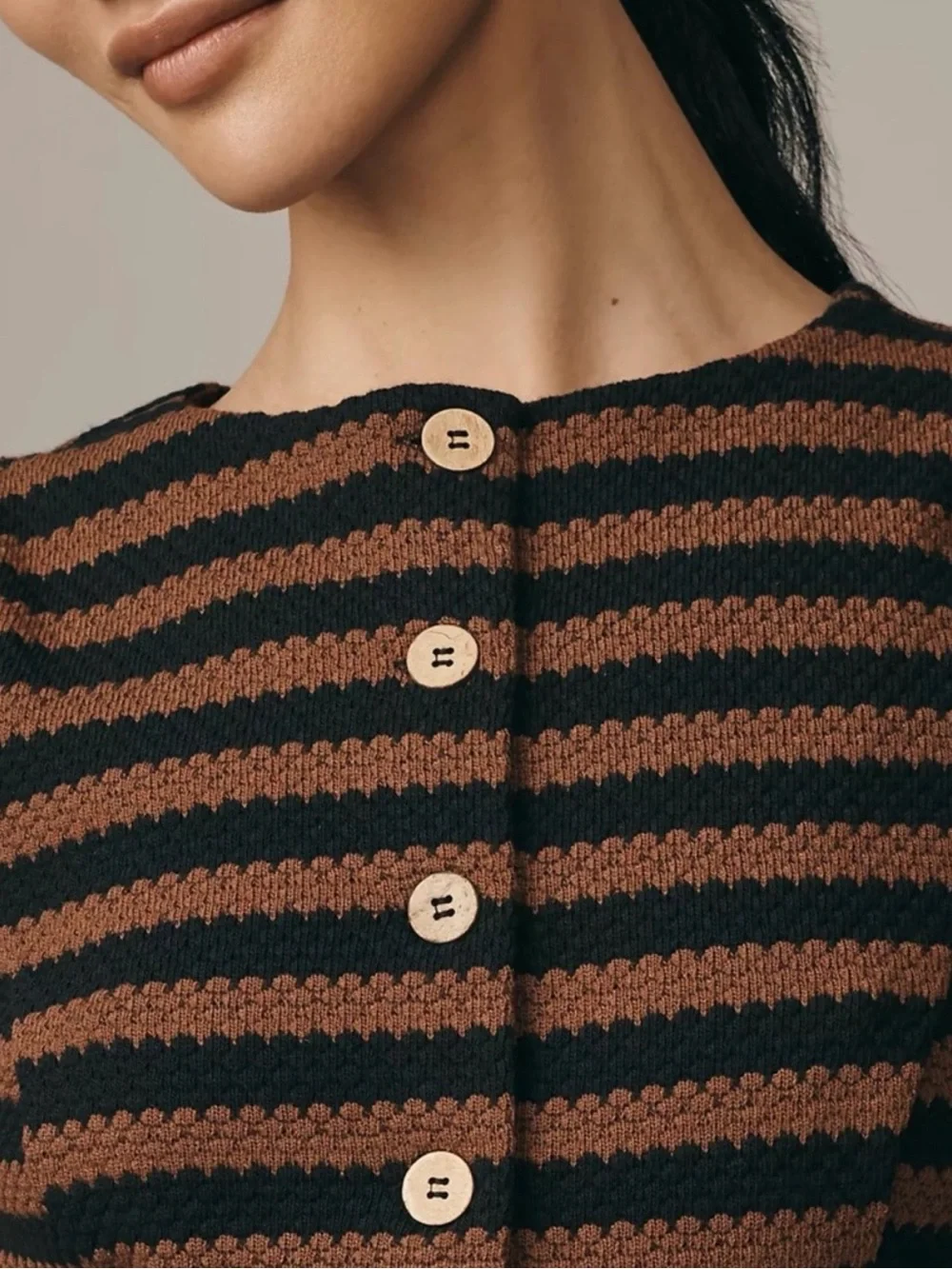 Maeve Striped Knit Button-Front Sleeveless Top - Brown & Black - Picture 3 of 9